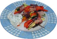 warzywa z grilla w boczku, cukinia z grilla, grillowana cukinia, grillowana papryka, papryka w boczku z grilla elektrycznego, dip pietyruszkowy