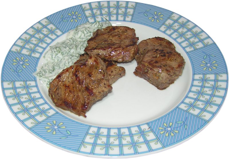 stek wo�owy grillowany na grillu elektrycznym, stek z rostbefu, grillowany stek, dip koperkowy, sos koperkowy